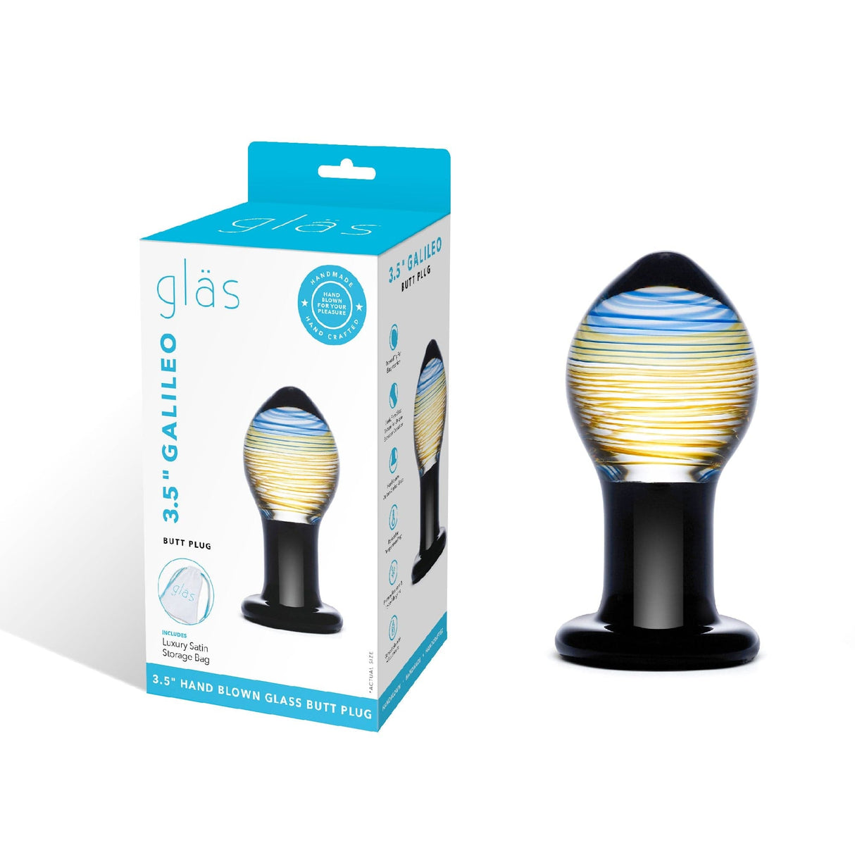 Glas - Galileo Hand Blown Glass Butt Plug 3.5" (Black/Clear) Glass Anal Plug (Non Vibration)