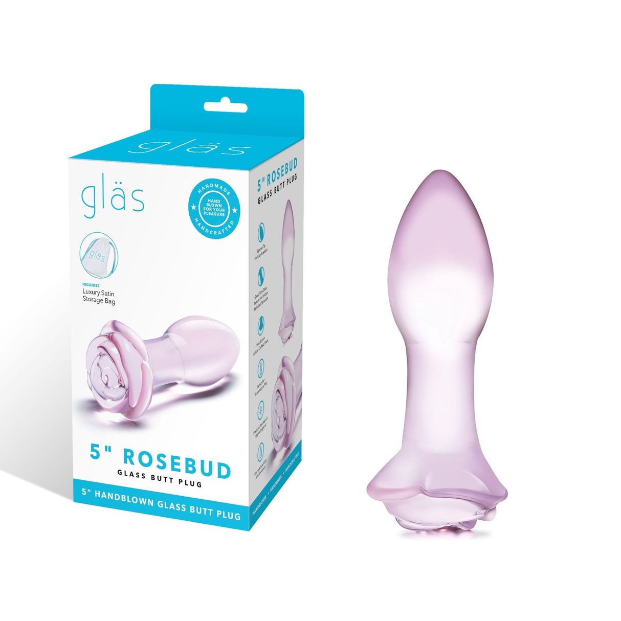 Glas - Rosebud Glass Butt Plug 5" (Pink) Glass Anal Plug (Non Vibration)