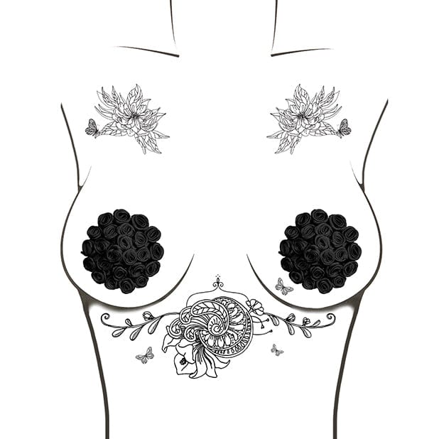 Neva Nude - Burlesque Nightfall Roses Reusable Silicone Pasties Nipple Covers O/S (Black) Nipple Covers