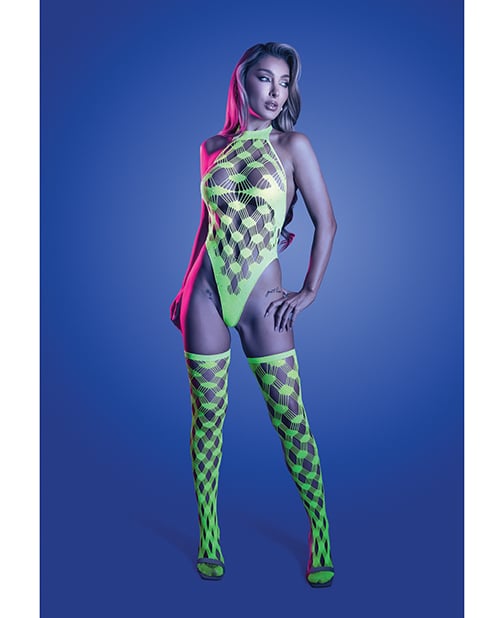 Fantasy Lingerie - Adrenaline Rhinestone Fishnet Teddy Set (Neon Green)
