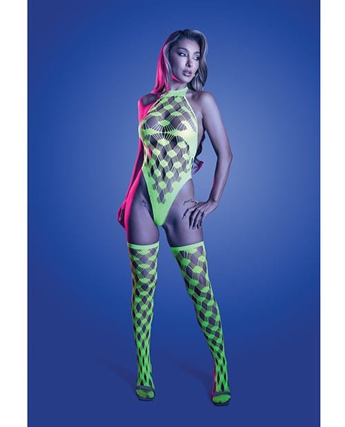 Fantasy Lingerie - Adrenaline Rhinestone Fishnet Teddy Set (Neon Green)