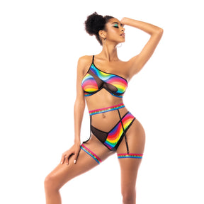 Mapale - Pride One Shoulder Top Garter Belt and Panty (Black) MAP1040 CherryAffairs