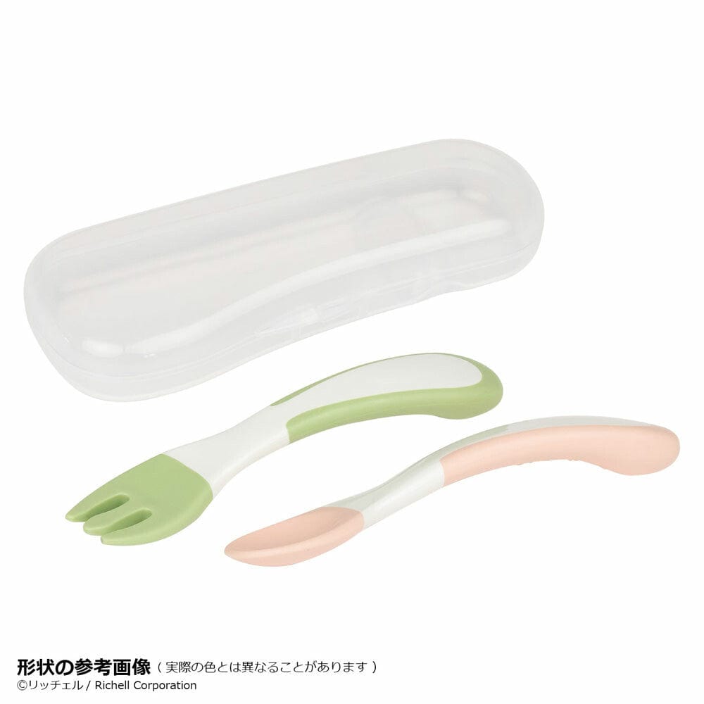 Richell - T.L.I Stage 2 Soft Easy Grip Baby Self Feeding Spoon and Fork Set    Baby Spoon and Fork